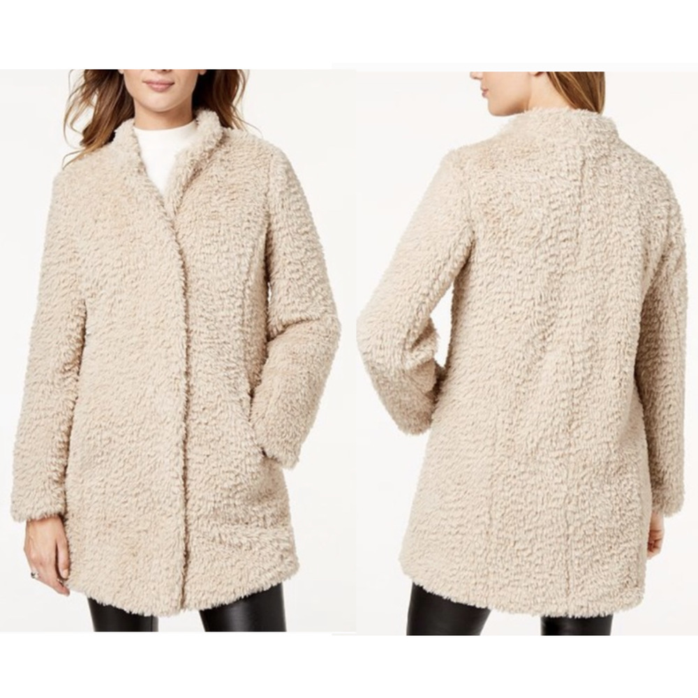 Kenneth Cole New York Coat Womens Medium Beige Faux Fur Leopard Lined Snap Front